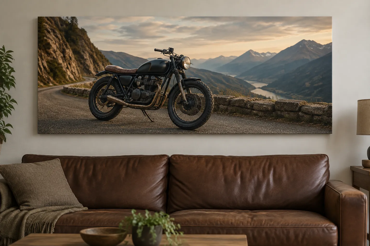 A large canvas of a motorcycle on a mountain road hung above a leather sofa.