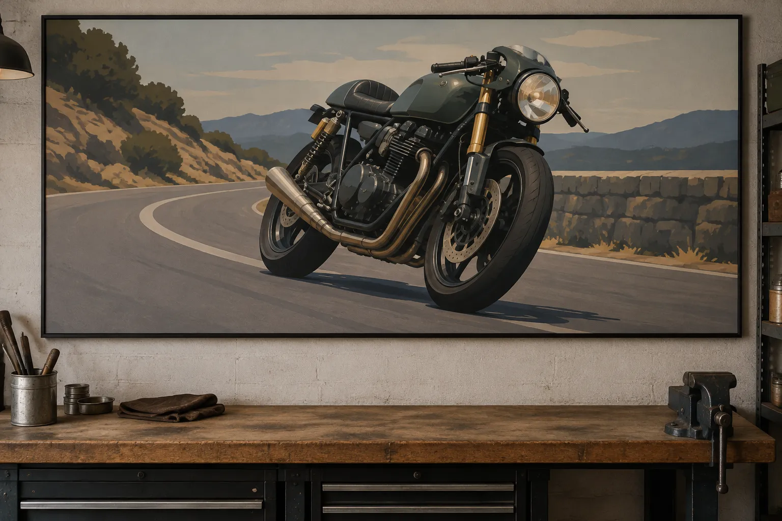A very large flat-colour racing motorcycle painting in a black frame on a garage wall.