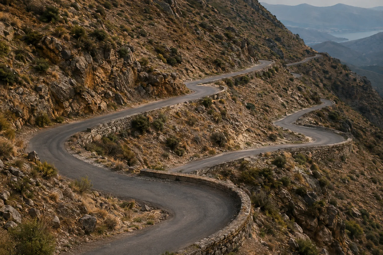 A narrow single-track road climbing in hairpin bends up a bare hillside.