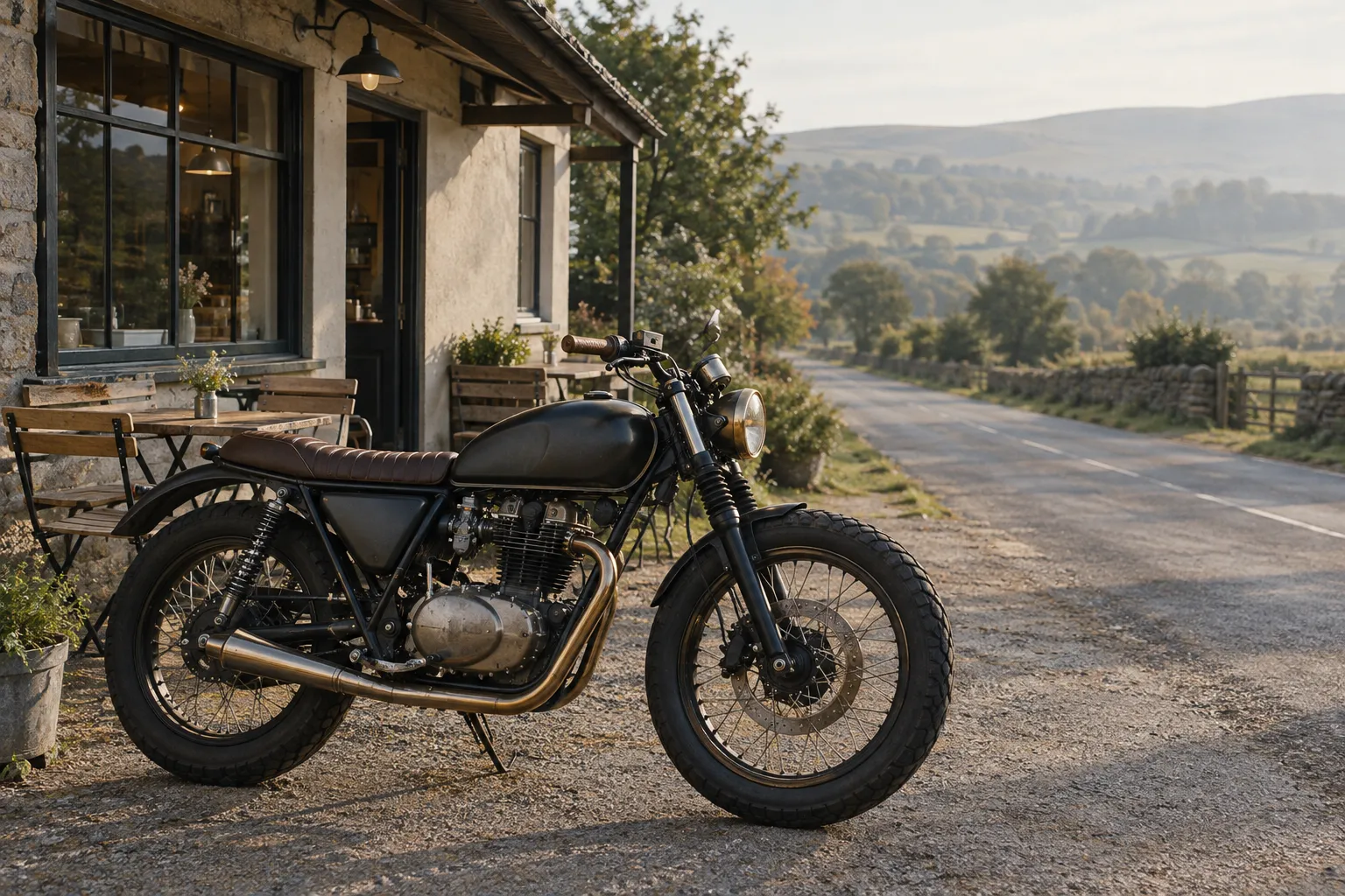 A plain motorcycle parked outside a small roadside cafe in morning light.