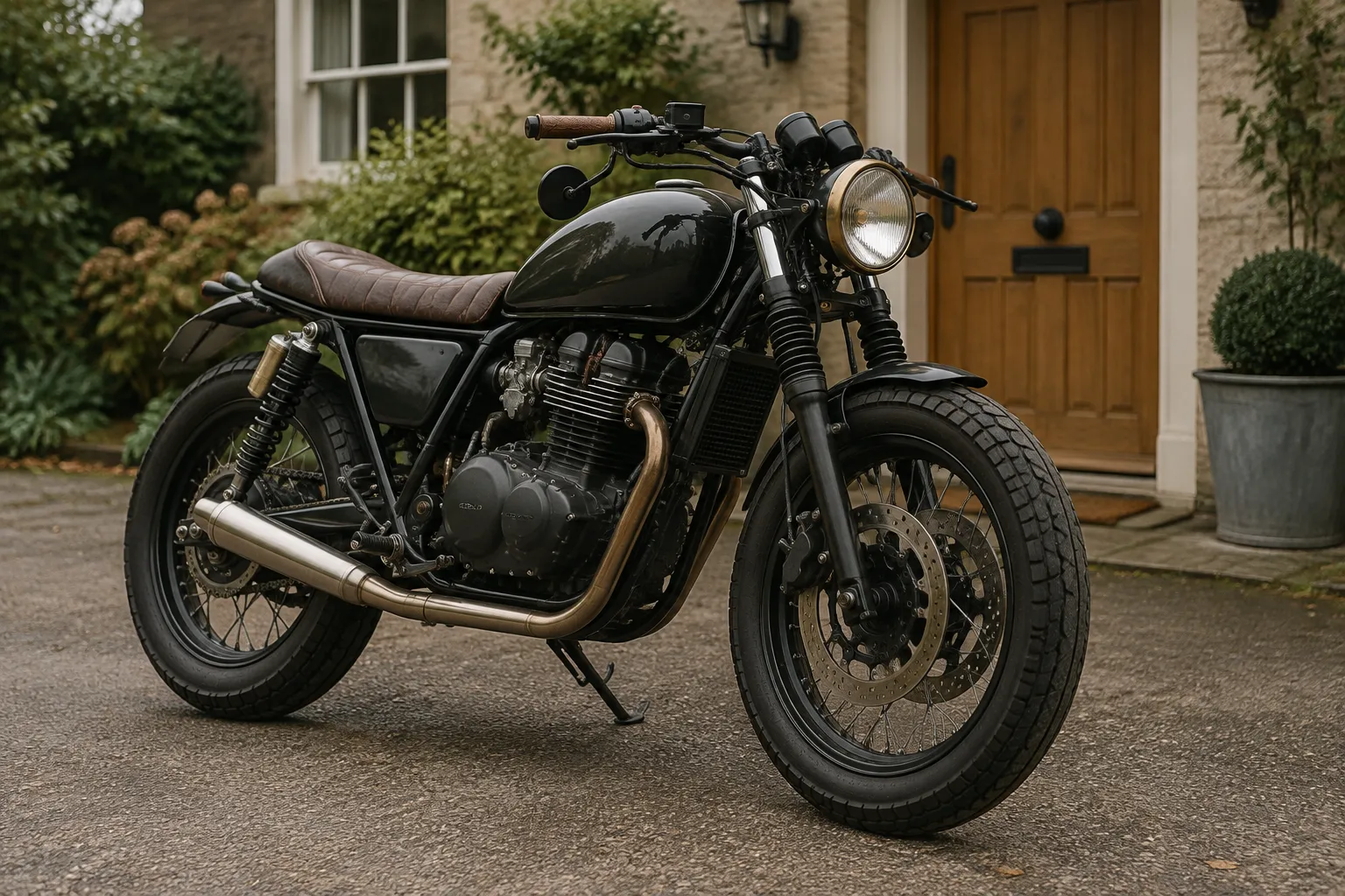 A plain motorcycle on a house driveway seen three-quarter front from knee height.