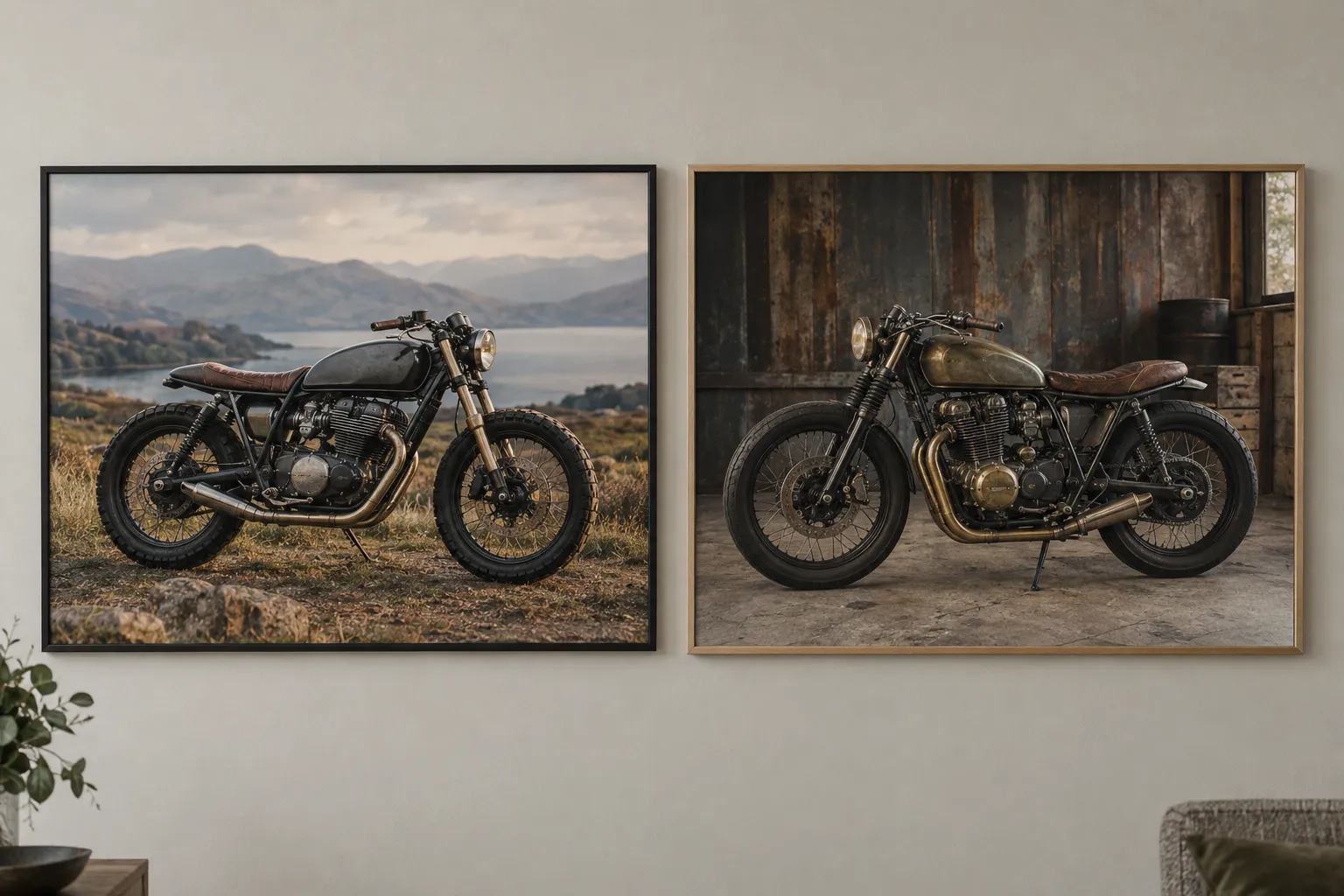 Two framed motorcycle paintings side by side, one in black and one in natural wood.