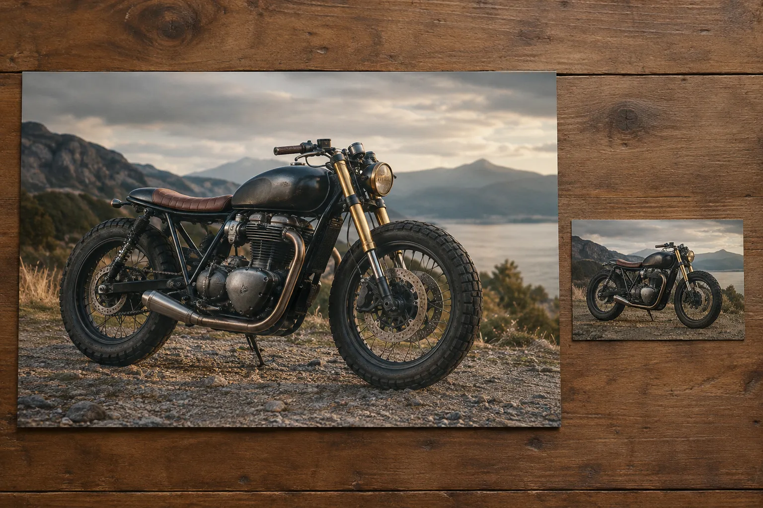 A large and a much smaller sheet of the same motorcycle painting on a table.