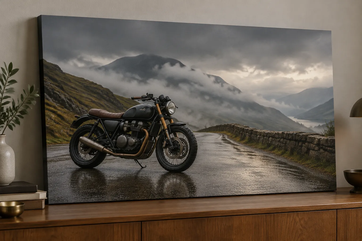 A canvas of a motorcycle on a misty mountain road leaning on a sideboard.