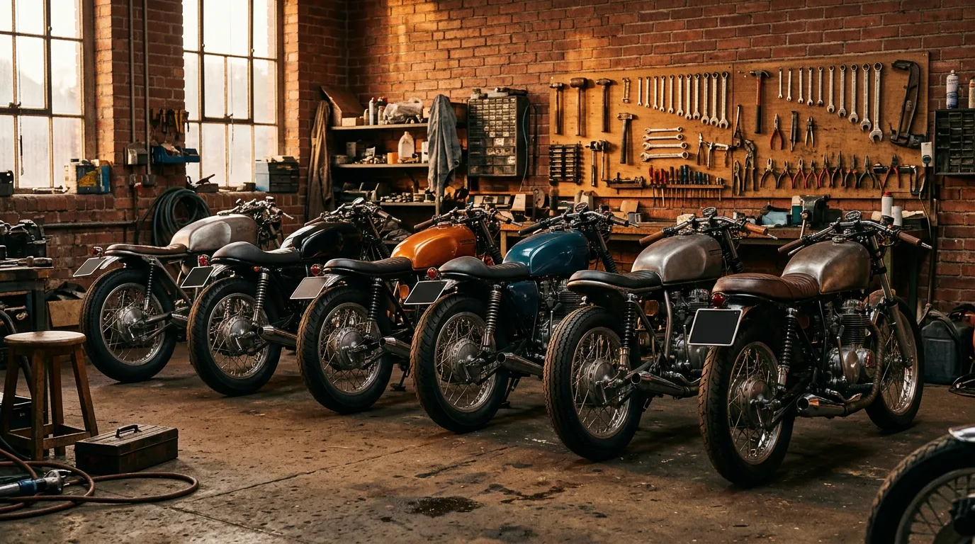 A row of cafe racer motorcycles parked in a warm brick workshop.