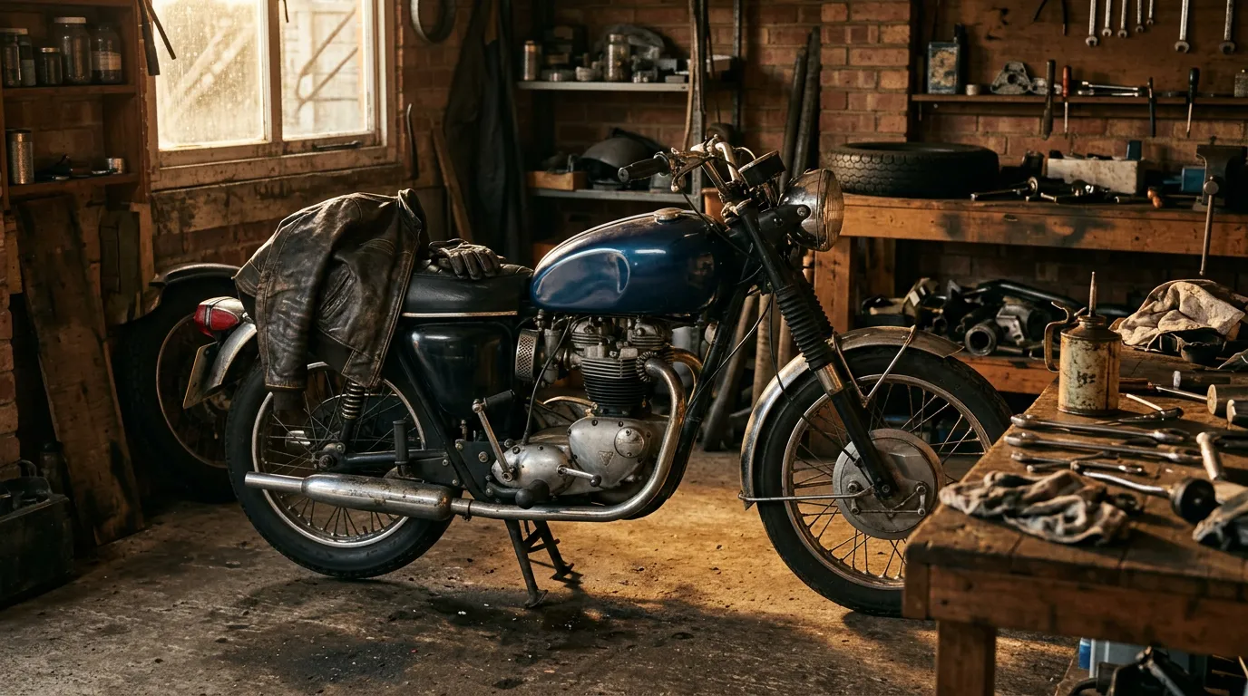 A weathered classic motorcycle in a home garage at golden hour, a leather jacket on the seat.