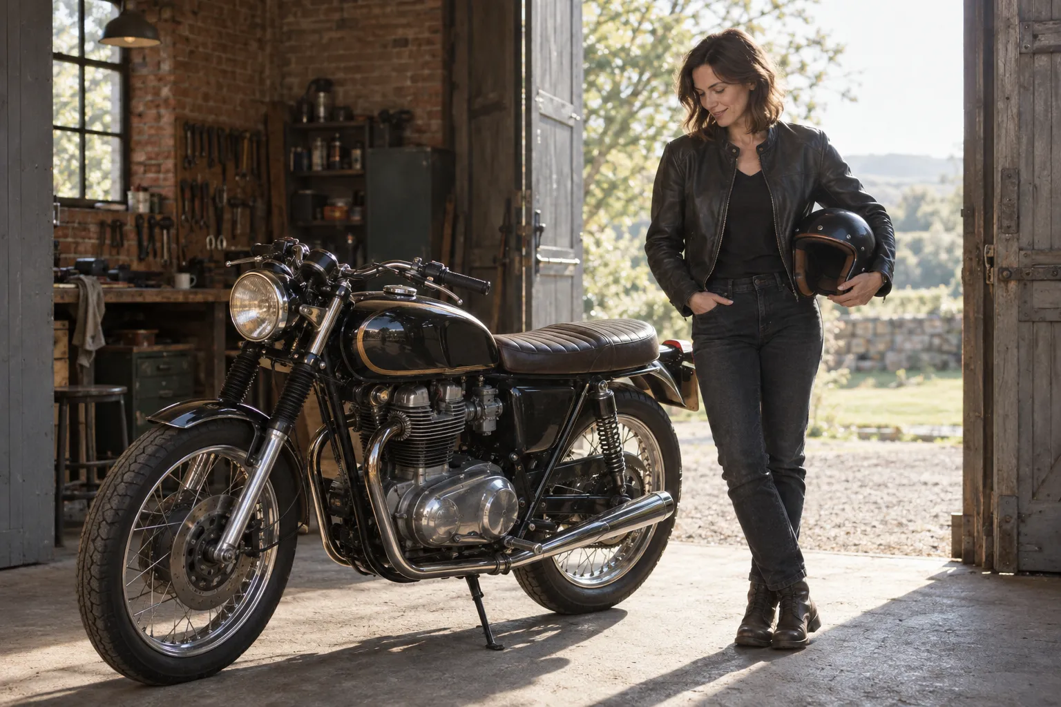 A woman standing beside a classic motorcycle in a brick workshop doorway, an open-face helmet under her arm.