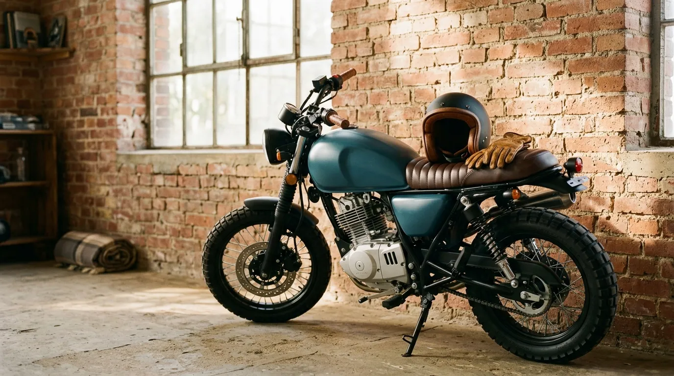 A stylish scrambler motorcycle against a sunlit brick wall with an open-face helmet and gloves.