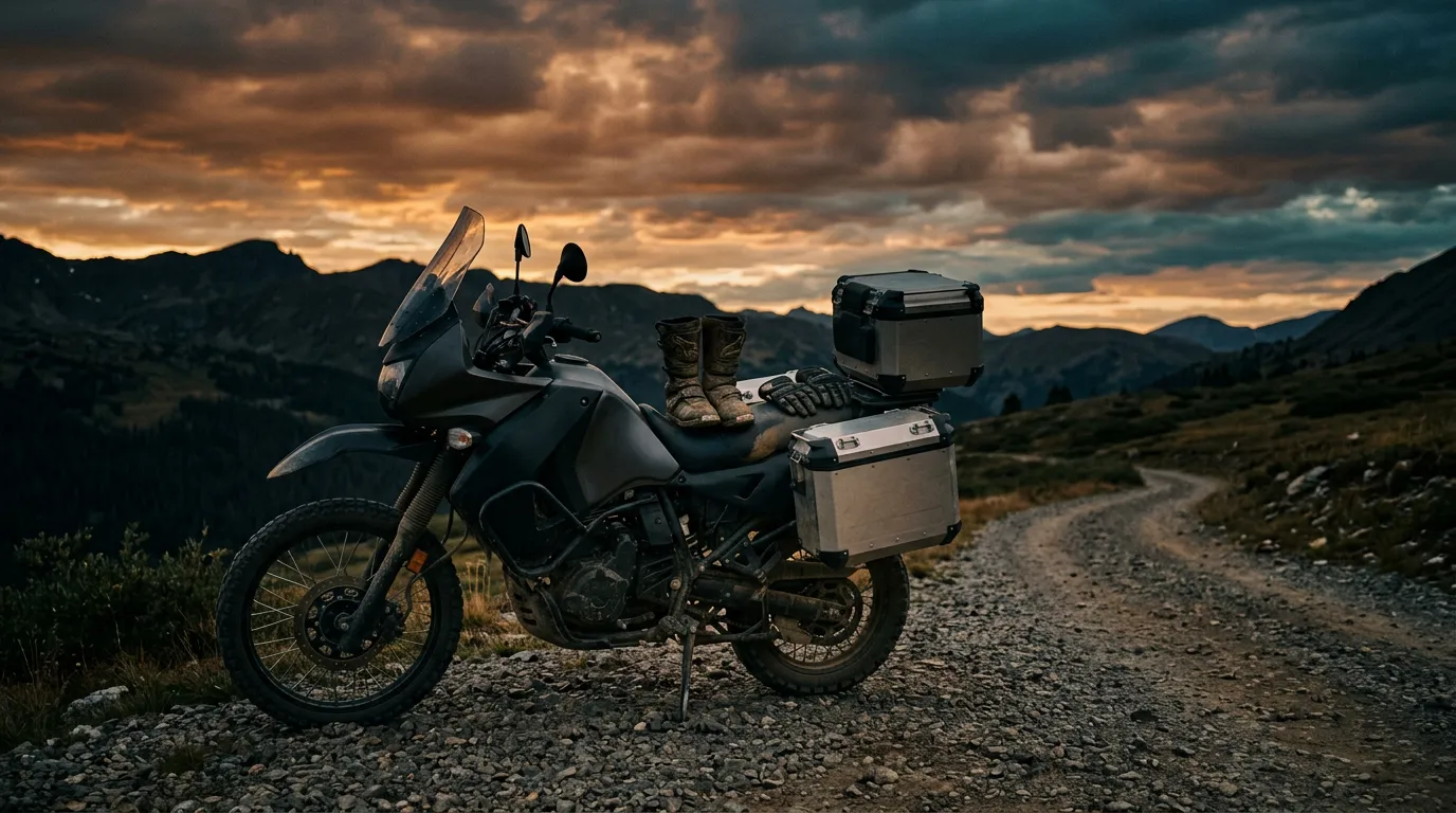 A rugged adventure motorcycle parked on a gravel trail edge at dusk.