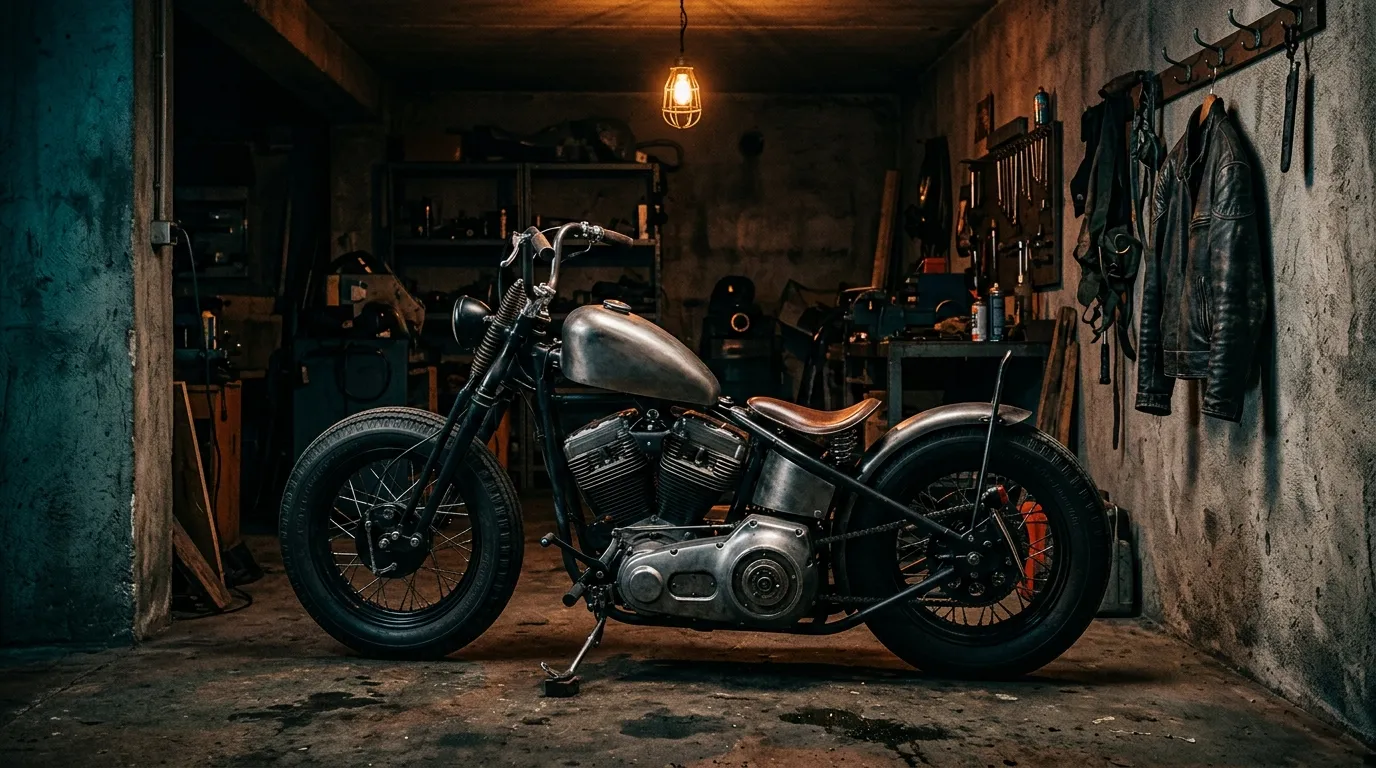 A custom bobber motorcycle in a moody concrete garage under a single hanging bulb.