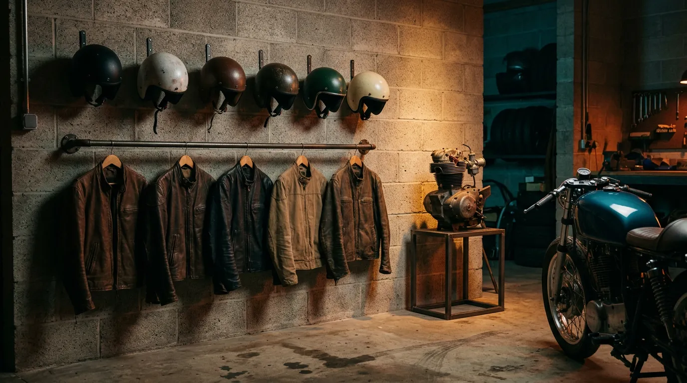 A collector's garage wall lined with helmets, jackets and a vintage engine on a stand.