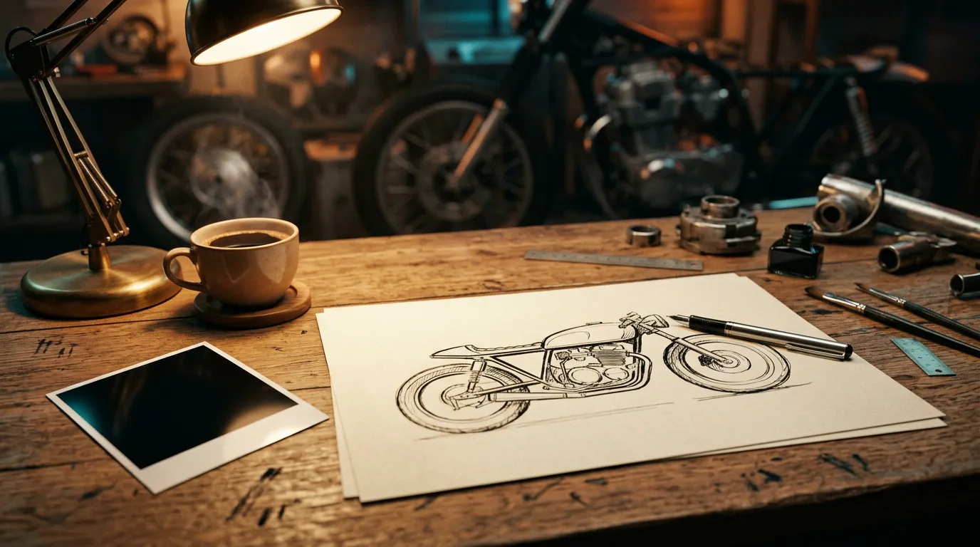 An artist's desk with an ink sketch of a motorcycle in progress and a blank photograph.