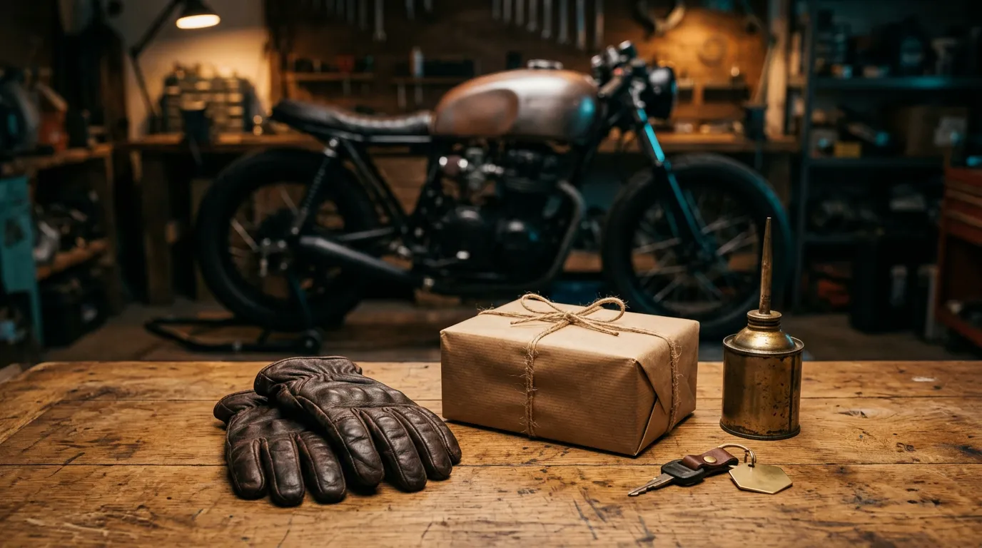 A workbench styled with riding gloves, a wrapped gift and motorcycle keys, a cafe racer blurred behind.