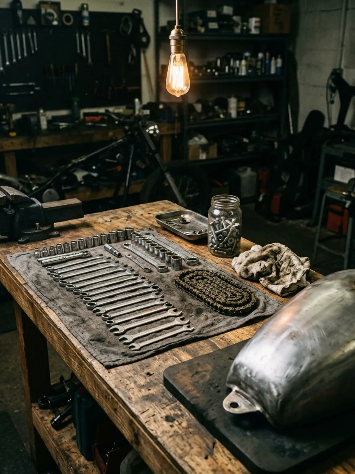 A motorcycle poster hung on a workshop wall above a bench