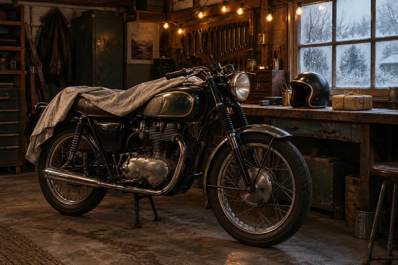A classic motorcycle half under a dust sheet in a home garage at Christmas, a helmet and a parcel on the bench.