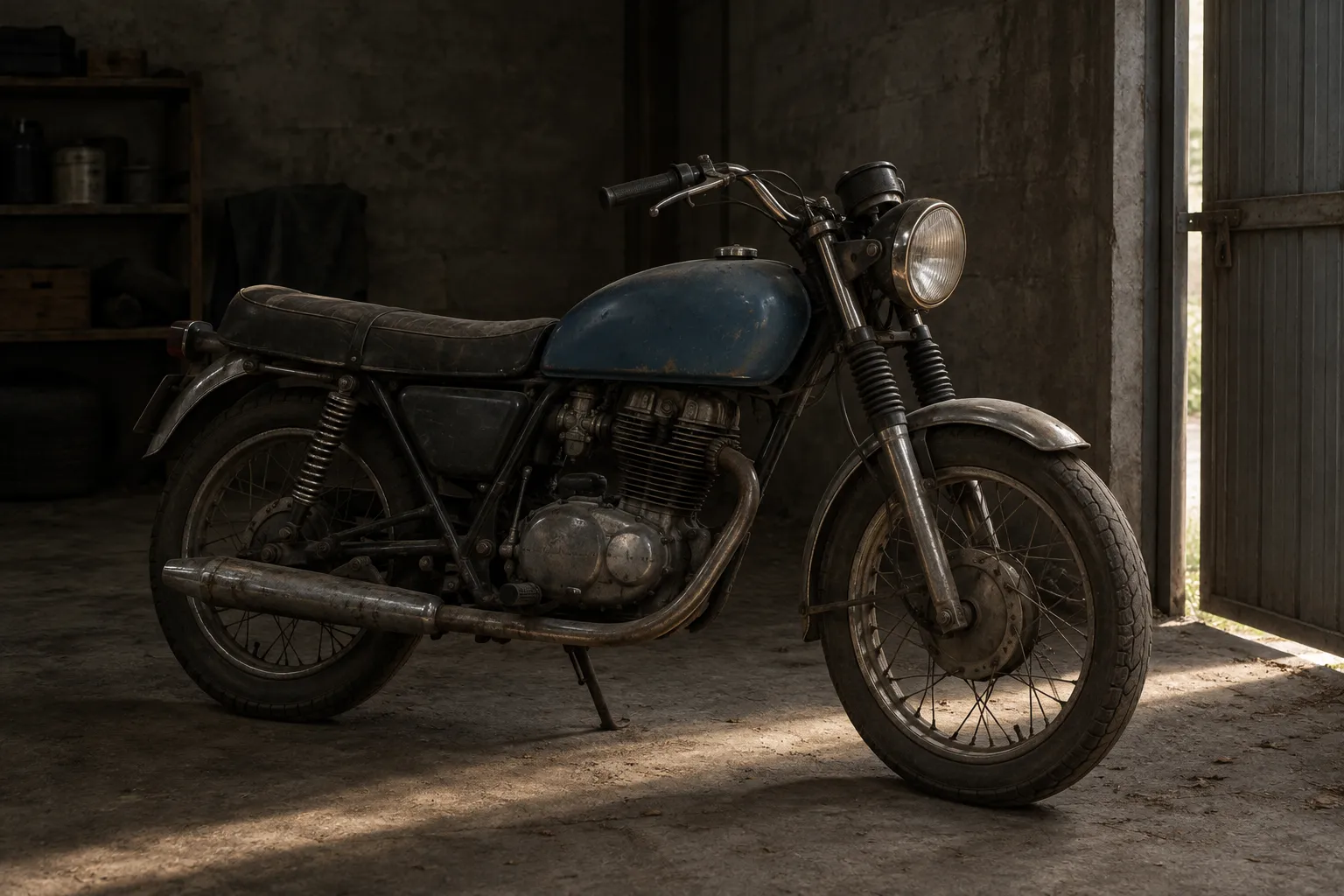 An old motorcycle standing dusty in a dim lock-up, a shaft of daylight across the tank.