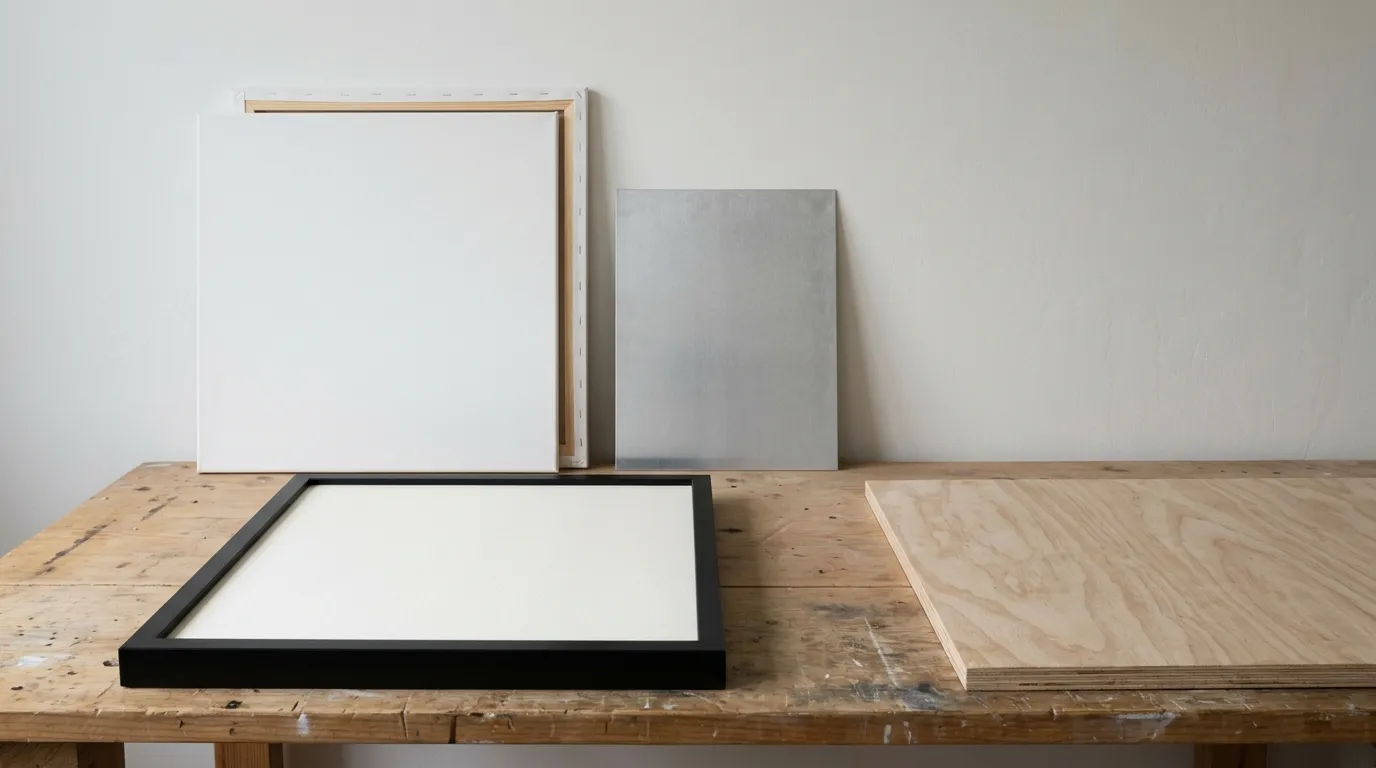 A bench of bare materials: an empty black frame holding a blank sheet edge to edge, a bare stretched canvas, an aluminium panel and a sheet of plywood.