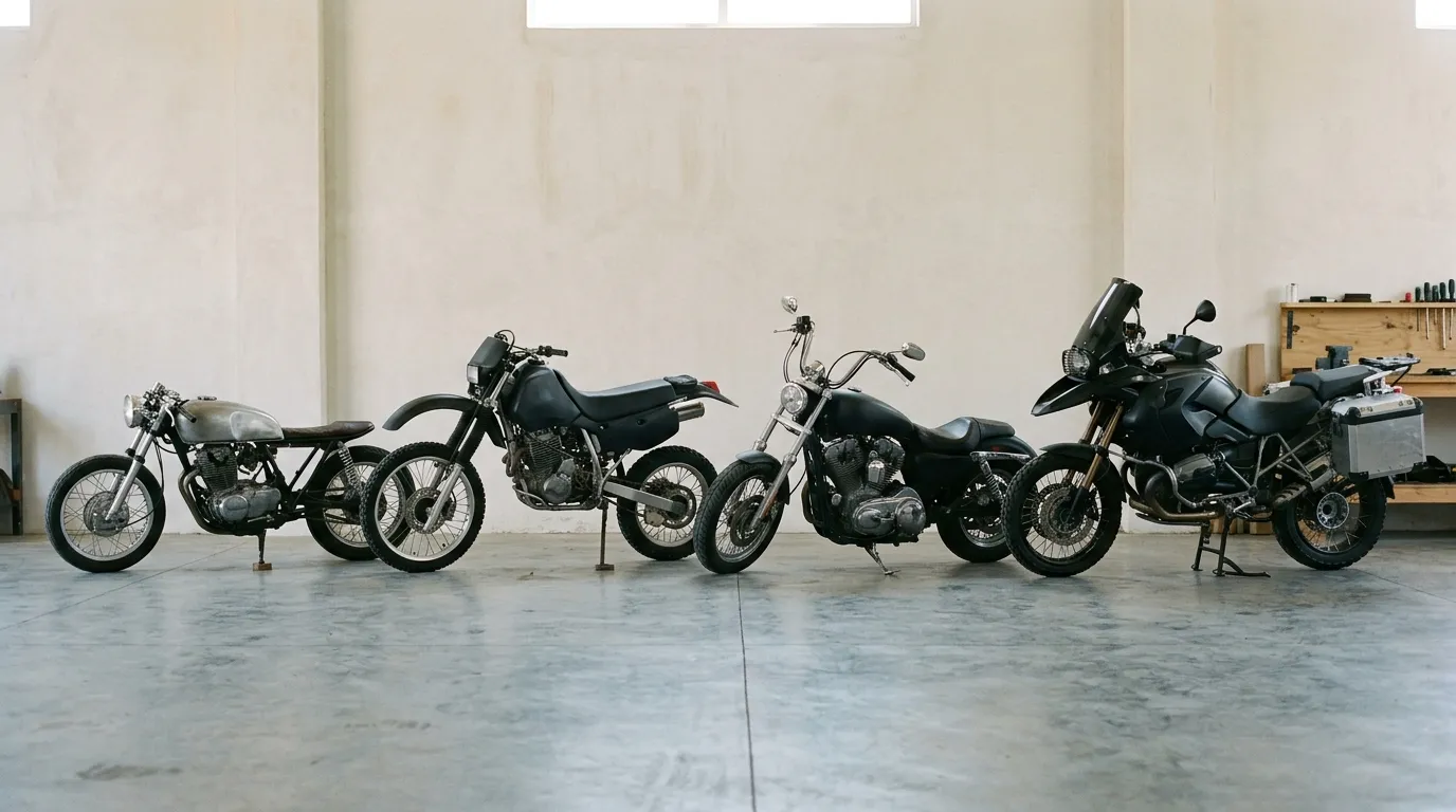 Four motorcycles of different shapes standing side by side in a workshop, their outlines clear against a pale wall.