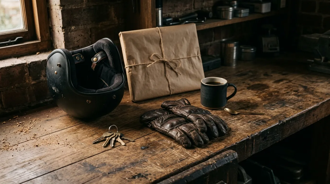 Riding gloves, an open-face helmet, keys and a plain brown-paper parcel at the end of a workbench.