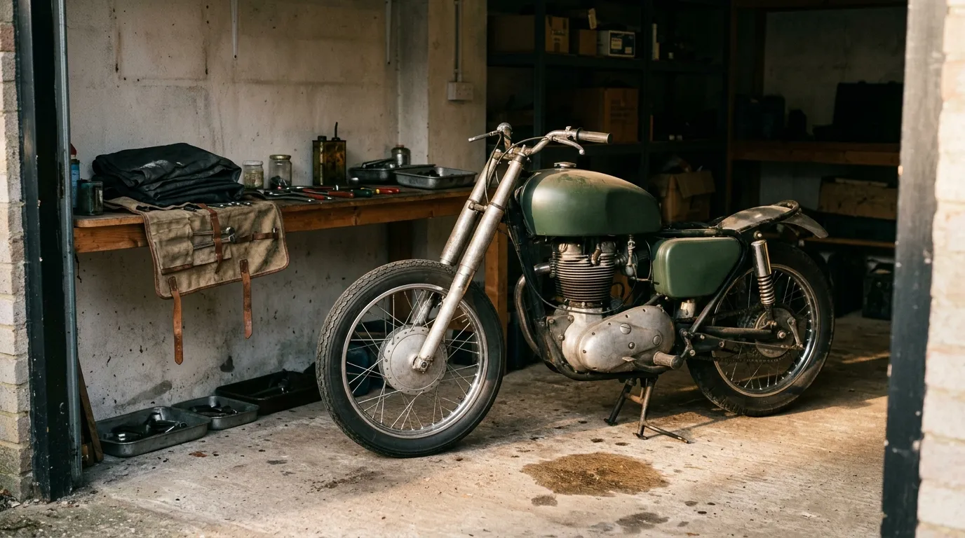 A plain motorcycle on its side stand in a domestic garage, morning light coming in through the open door.