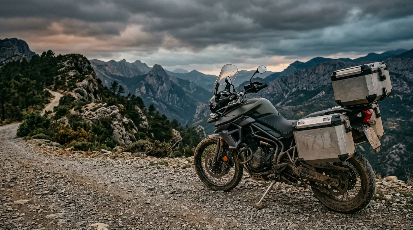 A rugged adventure motorcycle parked on a gravel mountain trail overlook.