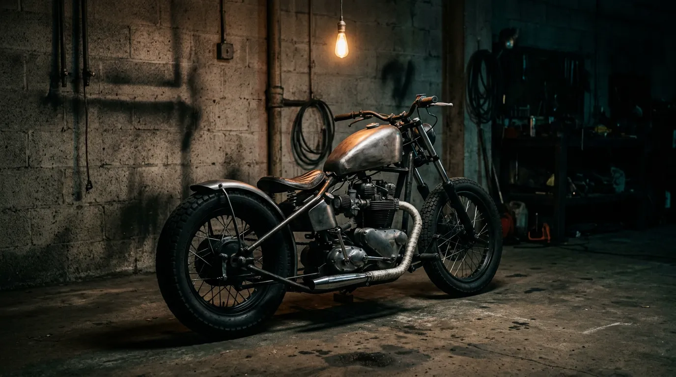 A minimalist bobber motorcycle in a moody concrete garage.