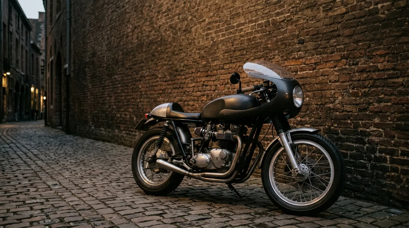 A lean cafe racer motorcycle with clip-on handlebars parked on a quiet cobbled backstreet at dawn.