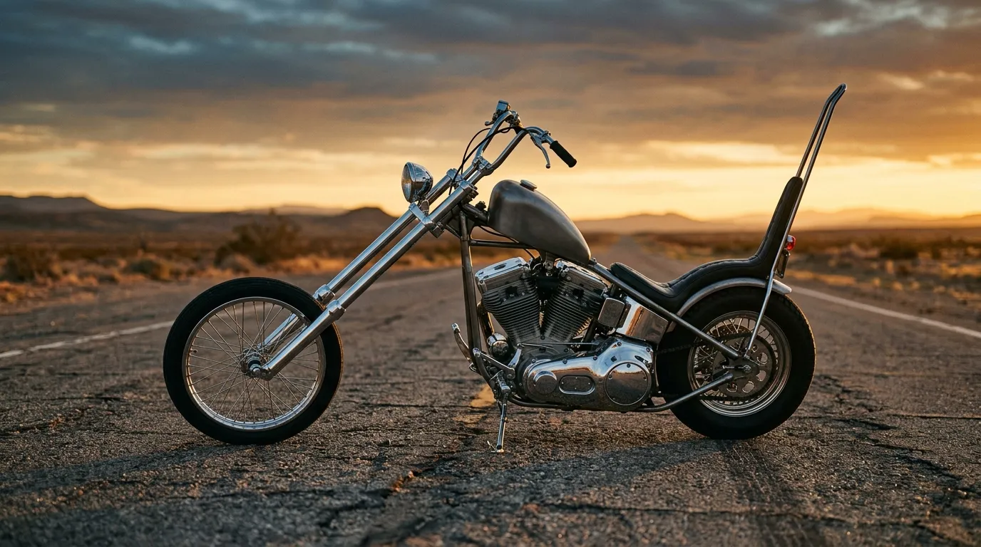 A custom chopper motorcycle with an extended front fork on open-road asphalt.