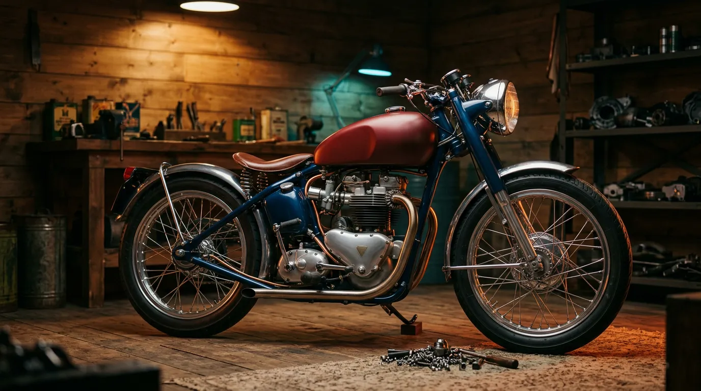 A restored classic vintage motorcycle displayed in a warm wood-panelled workshop.