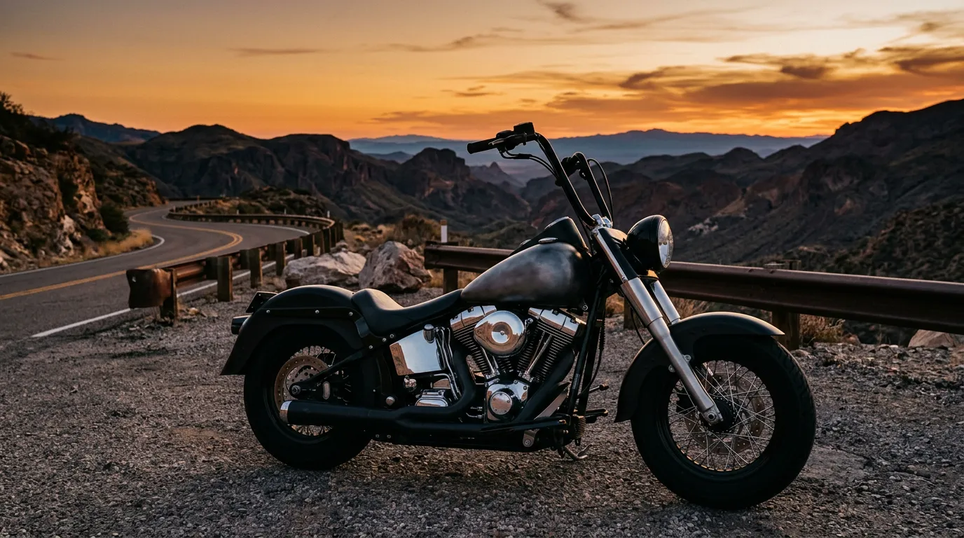 A long low cruiser motorcycle parked at a sunset highway overlook.