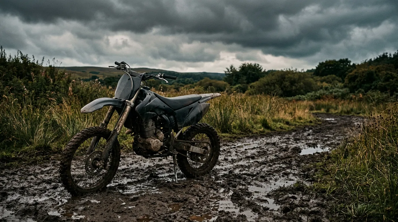 A dirt bike motocross machine parked alone in a muddy off-road track paddock.