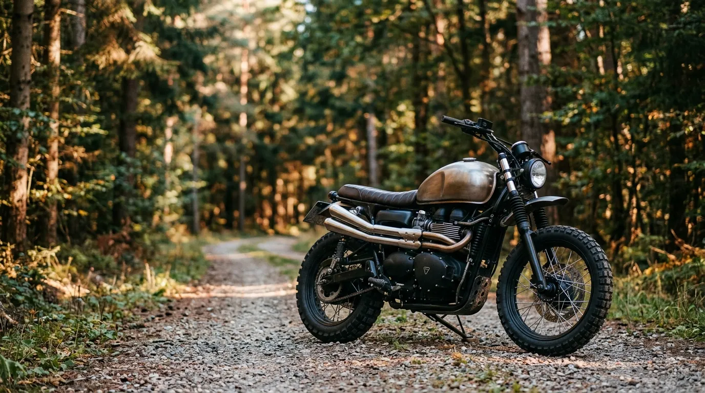 A scrambler motorcycle with upswept exhaust pipes parked on a gravel forest trail.