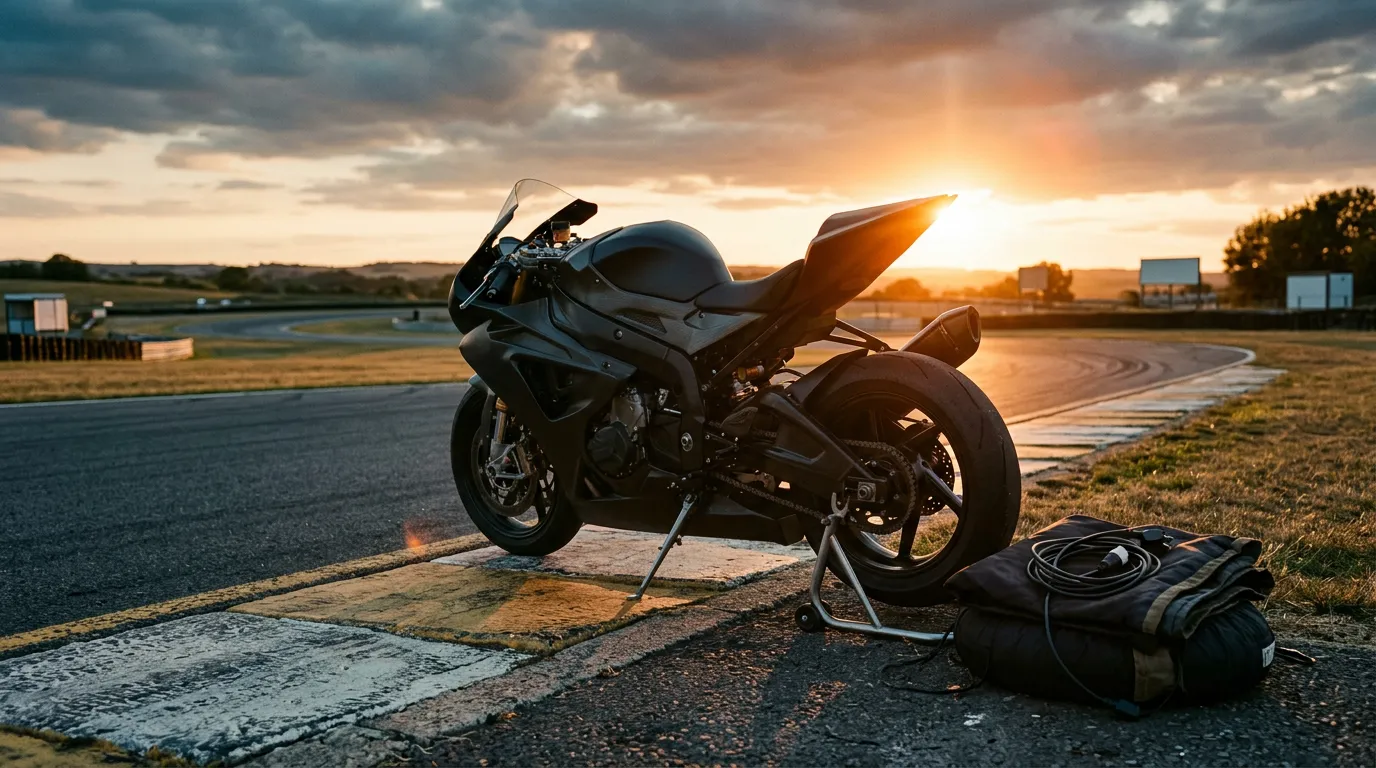 A sleek fully-faired sportbike leaning on its side stand at the edge of a race track.