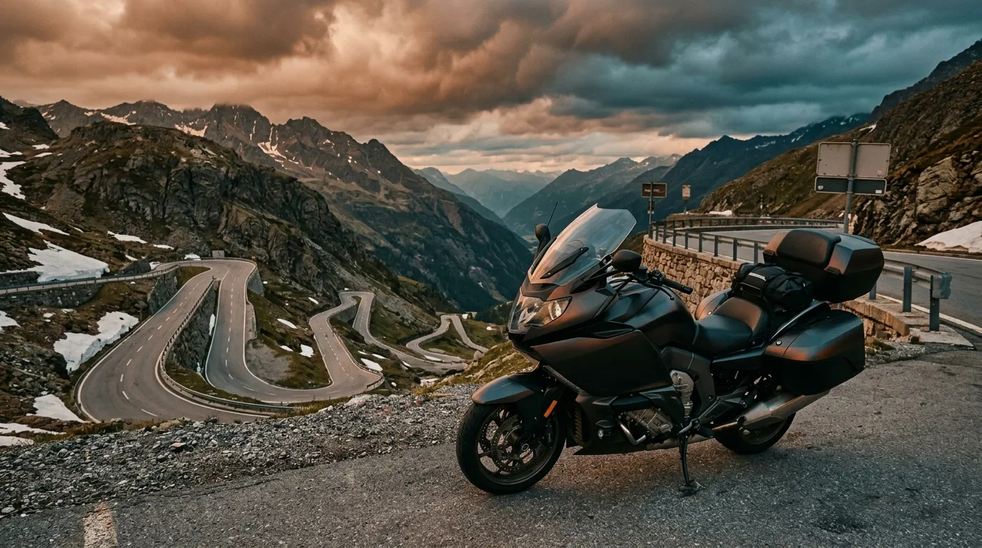 A full-dress touring motorcycle parked at a scenic mountain-pass viewpoint.