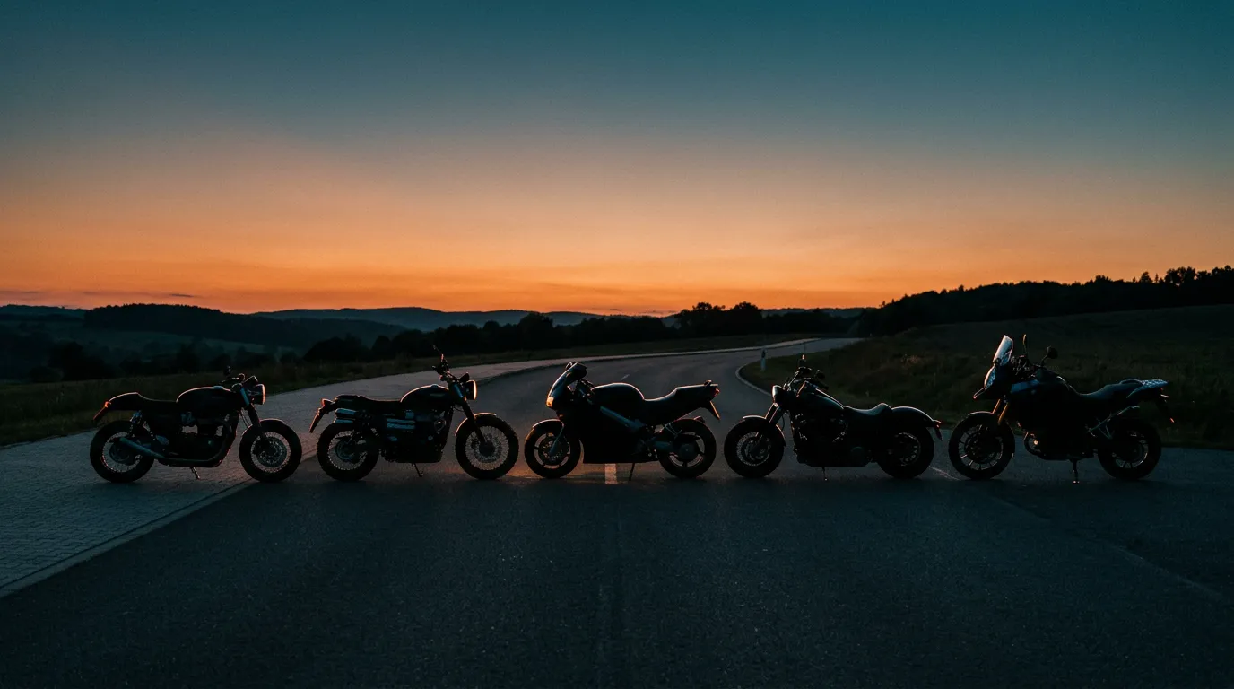 A wall of framed motorbike art prints in oil-painting, blueprint and poster styles.
