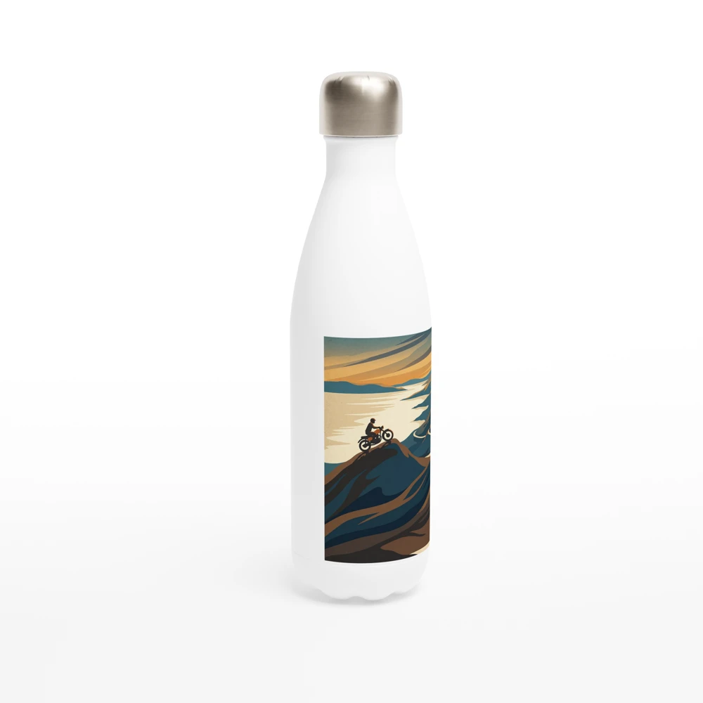 Gelato product render: Applecross Pass, a rider on the winding mountain road above the sea, printed on a panel on the front of a white stainless steel bottle