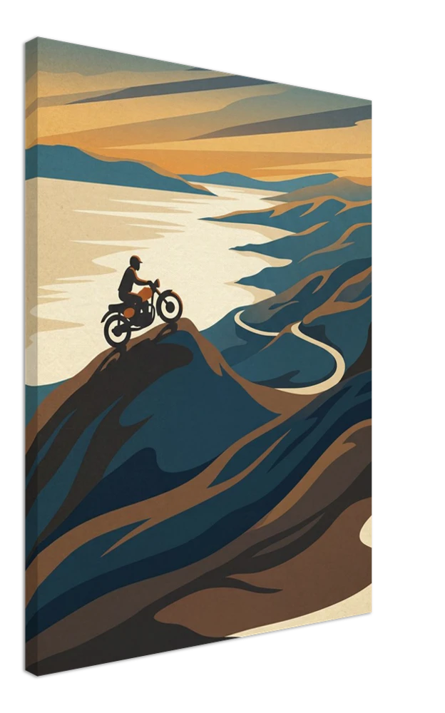 Gelato product render: Applecross Pass, a rider on the winding mountain road above the sea, on a stretched canvas, seen at an angle