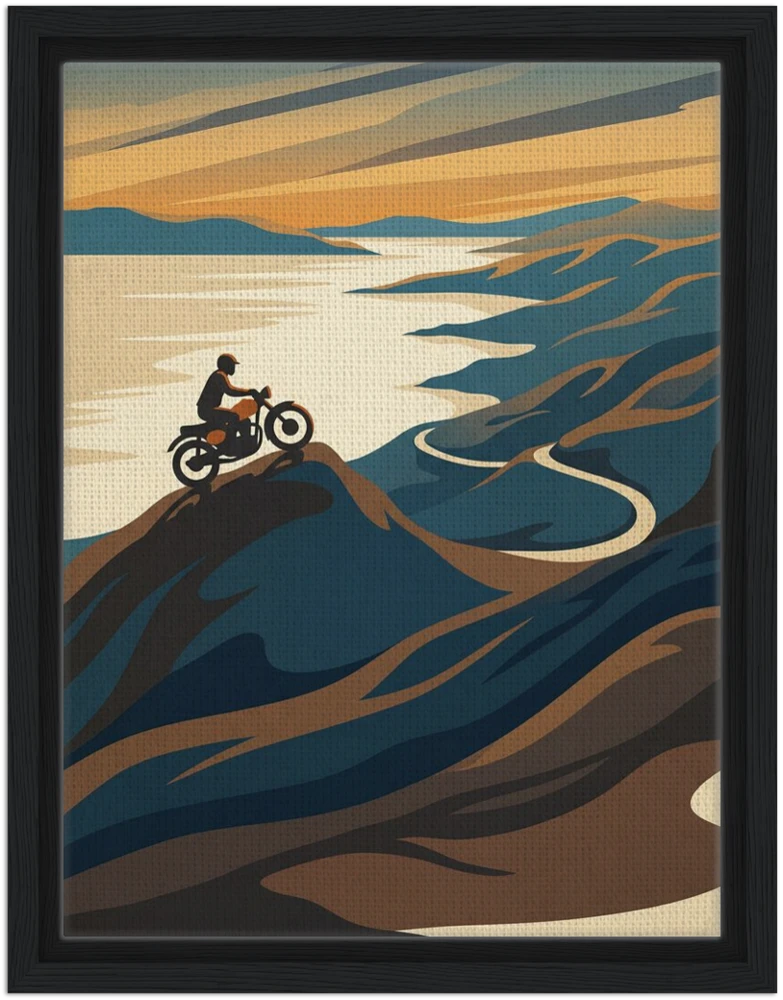 Gelato product render: Applecross Pass, a rider on the winding mountain road above the sea, on a canvas set inside a black frame