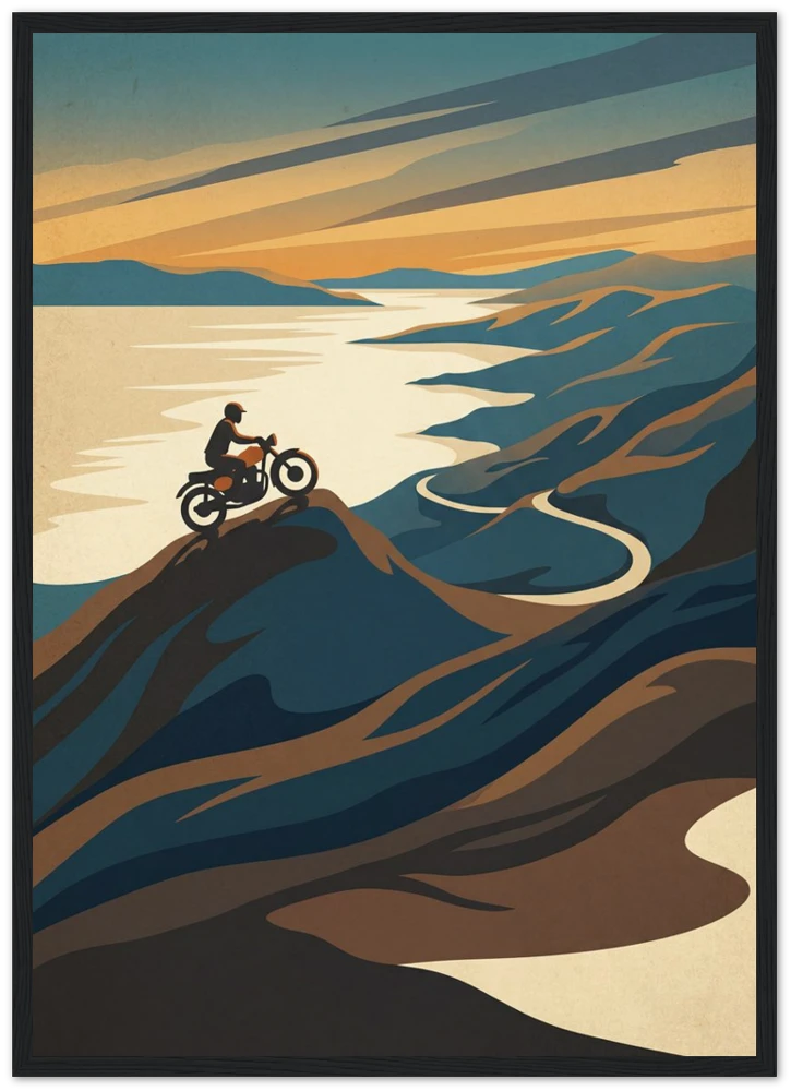 Gelato product render: Applecross Pass, a rider on the winding mountain road above the sea, printed and framed in a black frame
