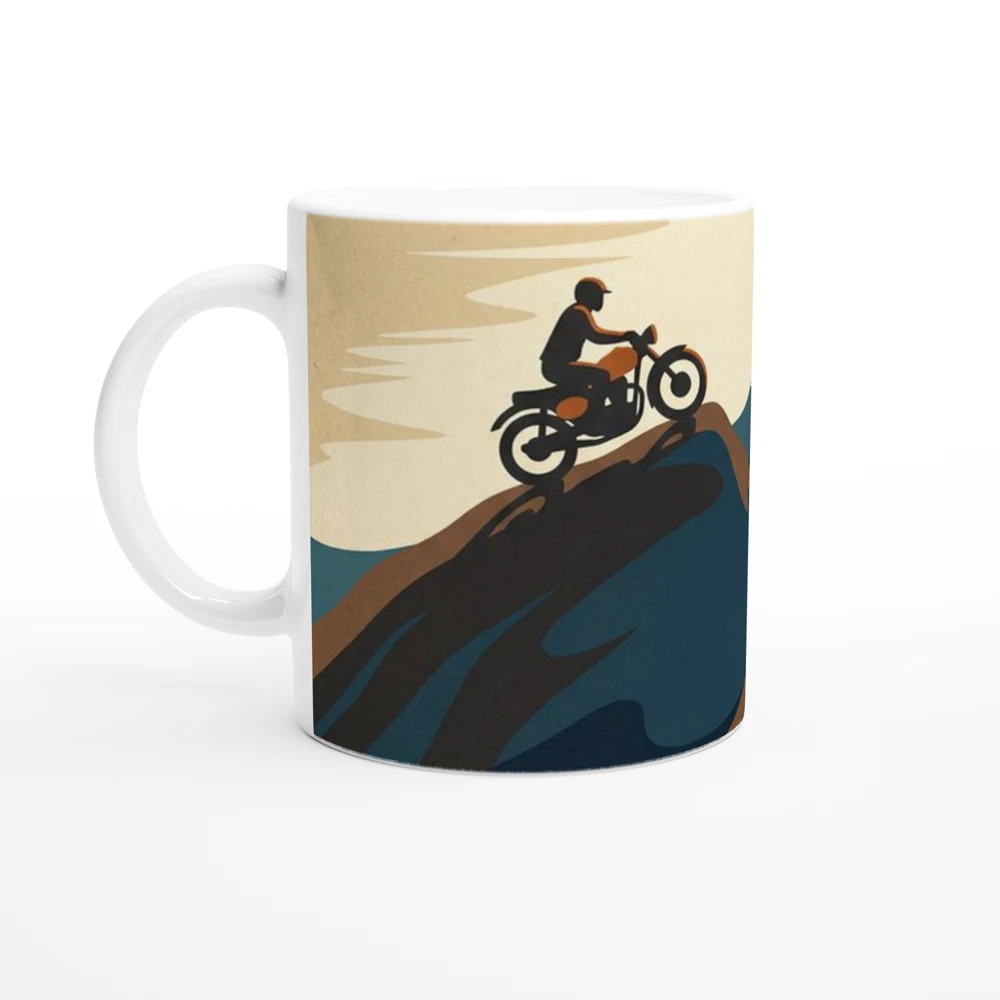 Gelato product render: Applecross Pass, a rider on the winding mountain road above the sea, printed round the body of a white ceramic mug