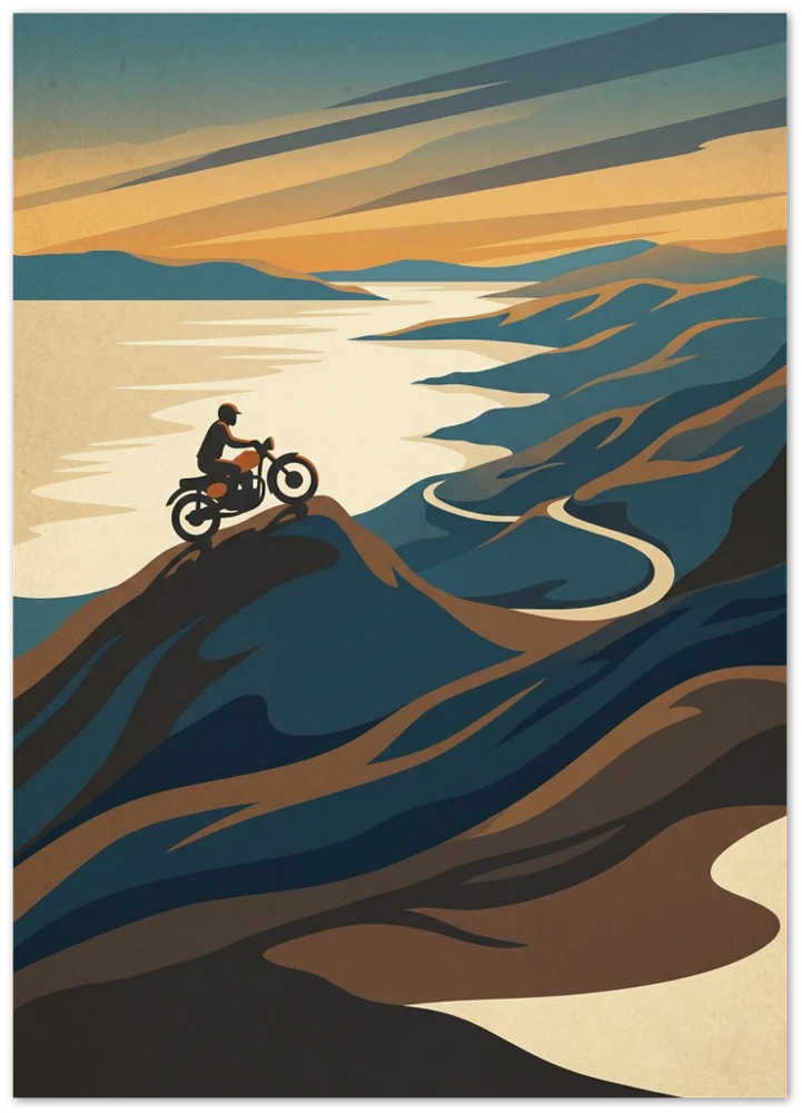 Gelato product render: Applecross Pass, a rider on the winding mountain road above the sea, on an unframed paper print