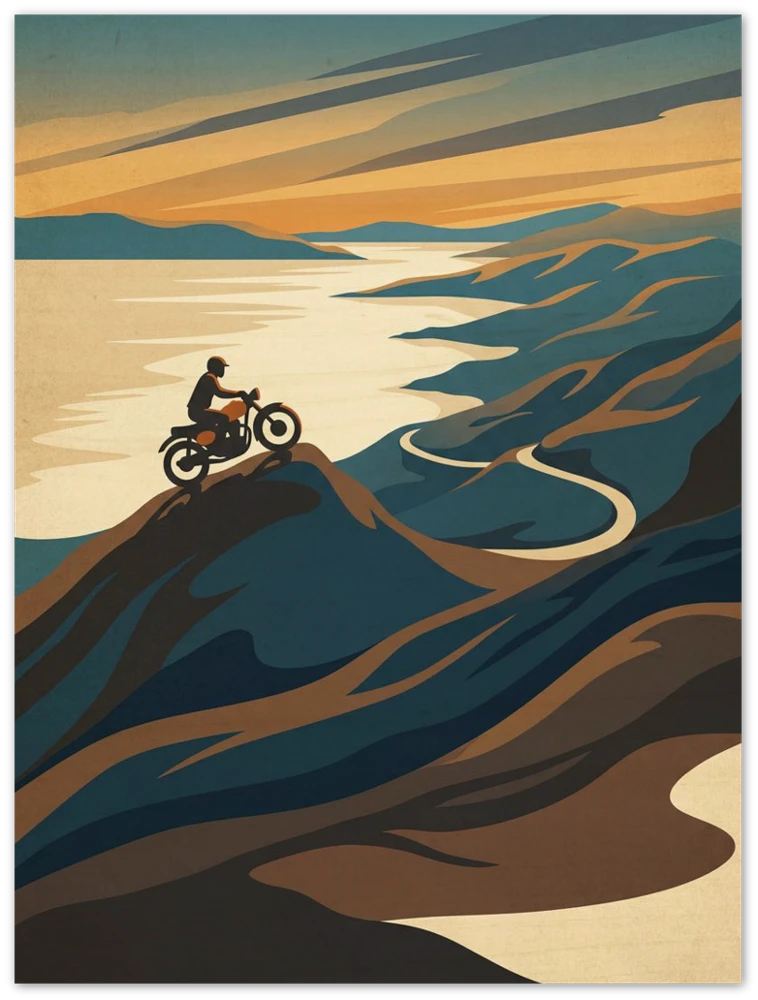 Gelato product render: Applecross Pass, a rider on the winding mountain road above the sea, printed on a frameless wood panel