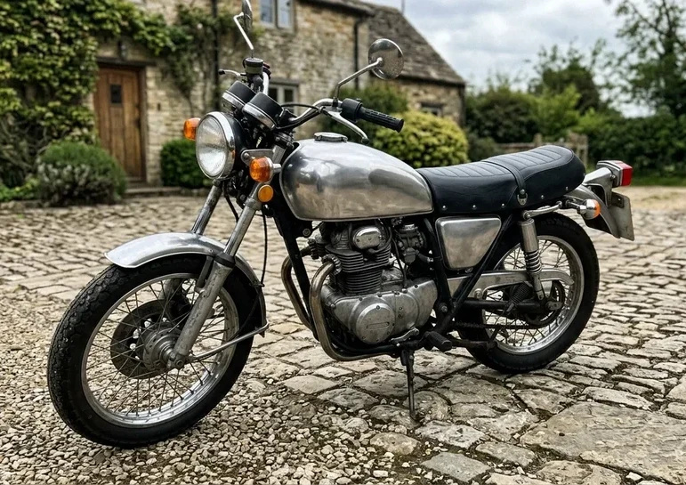 Sample photo of a parked classic motorbike on cobbles