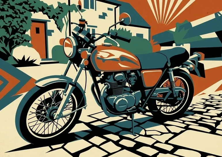 Illustrative AI example of the same motorbike as a print in flat rust, teal and cream shapes