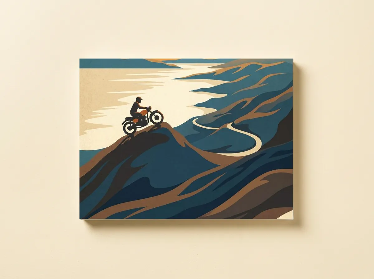 Applecross Pass on a canvas, cropped wide to the rider on the crest and the pale road winding below.