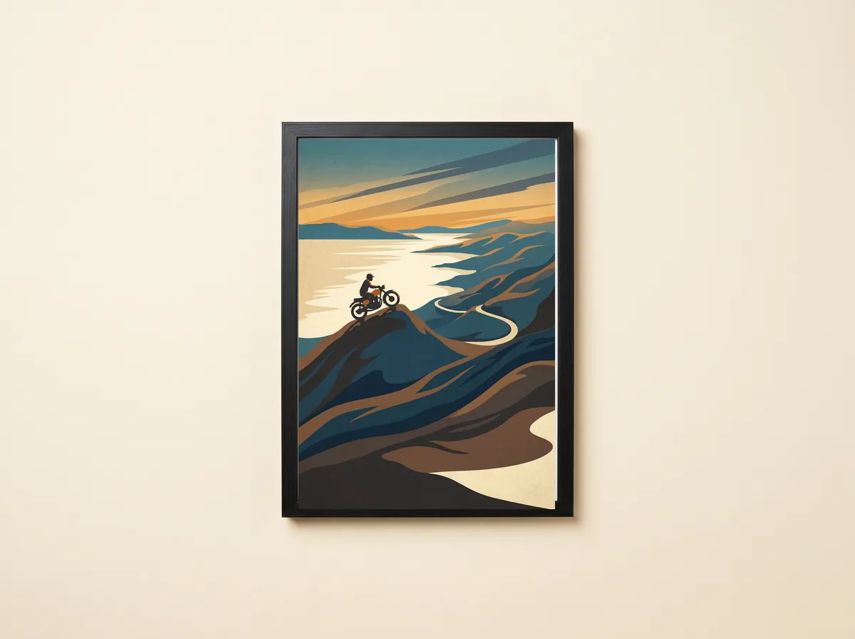 Applecross Pass in a black frame: a lone rider on a ridge at dawn above a looping road and a silver sea loch.