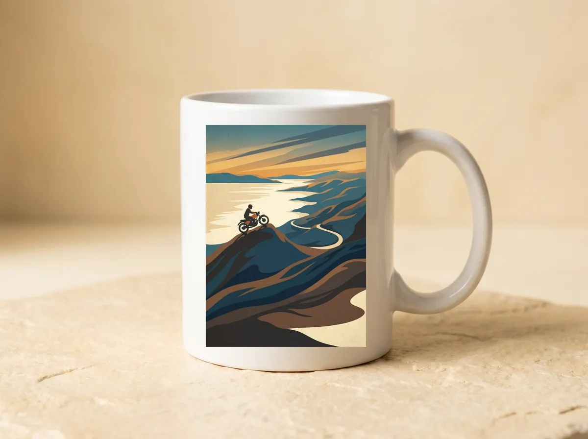 Applecross Pass printed on a white mug, the amber sky, the sea loch and the rider all in view.