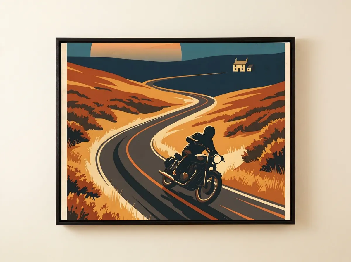 Cat and Fiddle on a black framed canvas: a rider leans through a golden moorland bend, a white cottage on the far ridge.