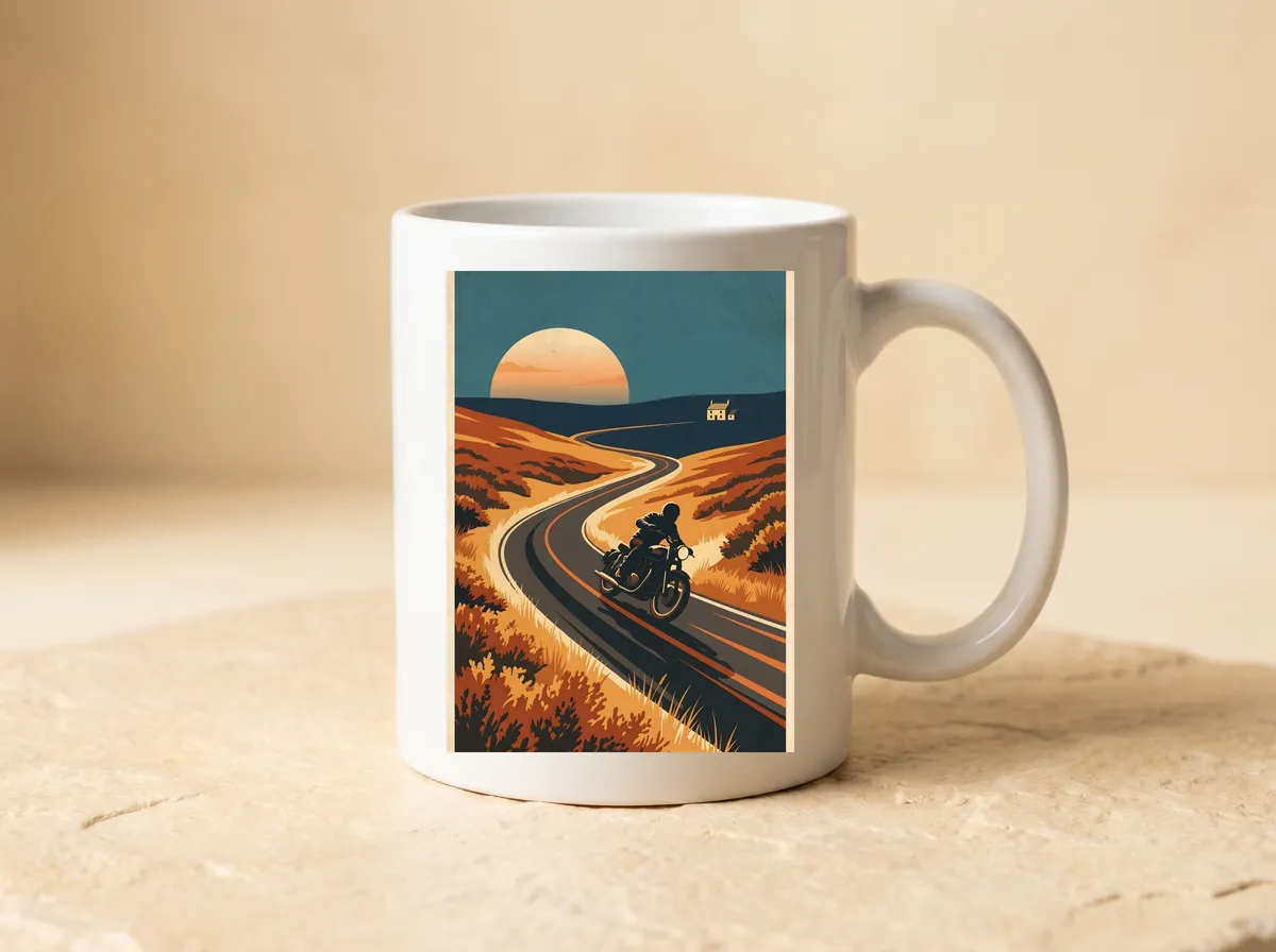 Cat and Fiddle printed on a white mug, the low peach sun above the road and the rider.