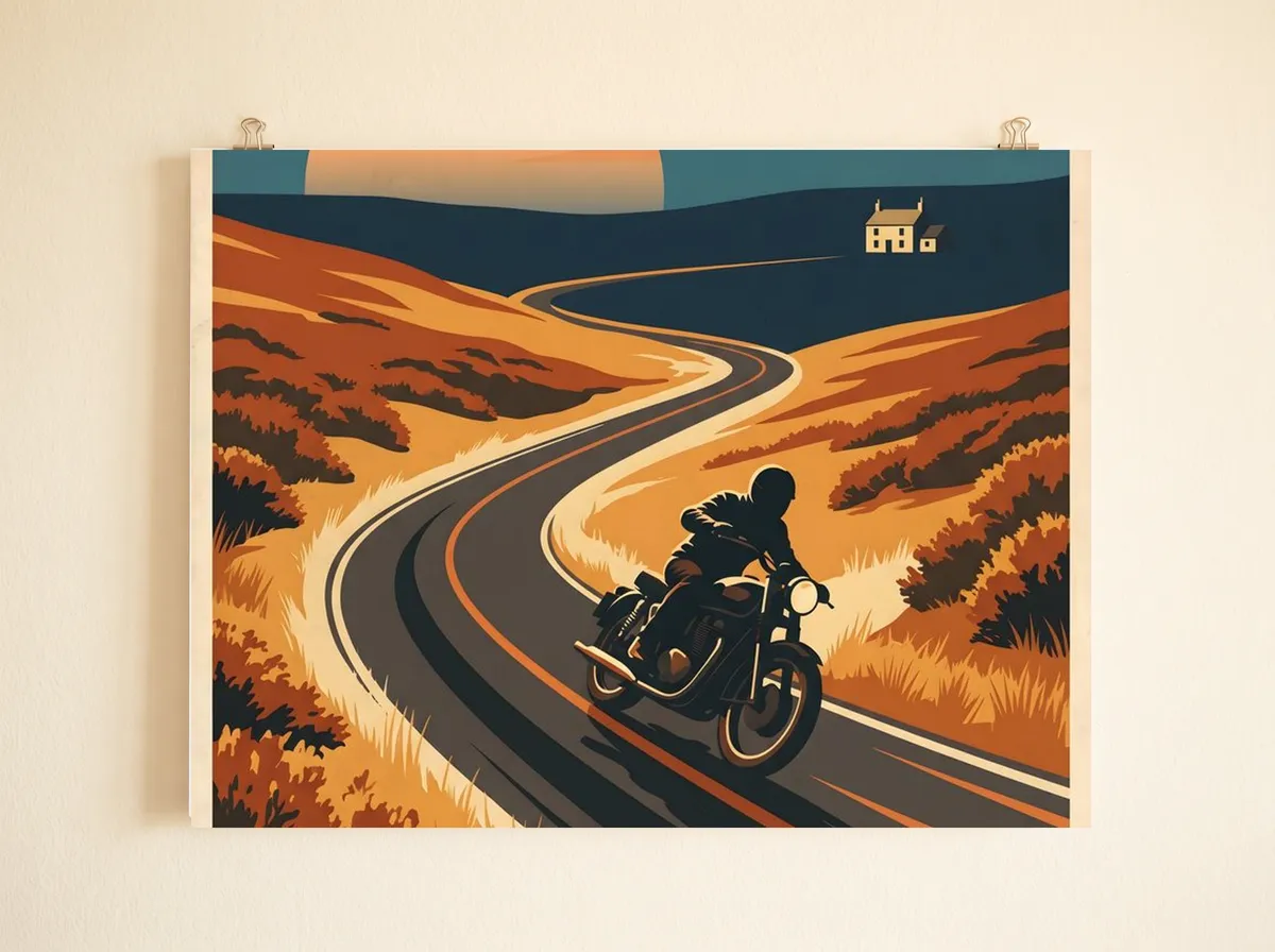 Cat and Fiddle as a poster, cropped wide to the winding road, the orange grass and the leaning rider.
